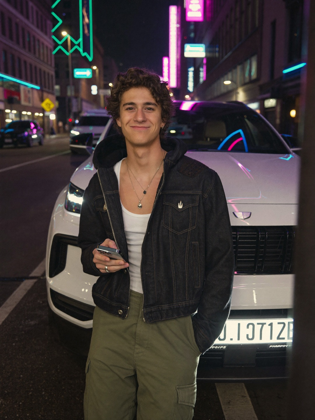 Fahrschüler mit Smartphone vor einem weißen SUV in der Neon-Stadt